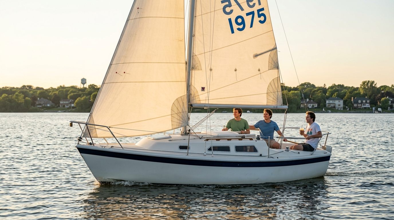 Iced Capp sailing on Lac Saint-Louis on a summer evening, 1975 on her mainsail