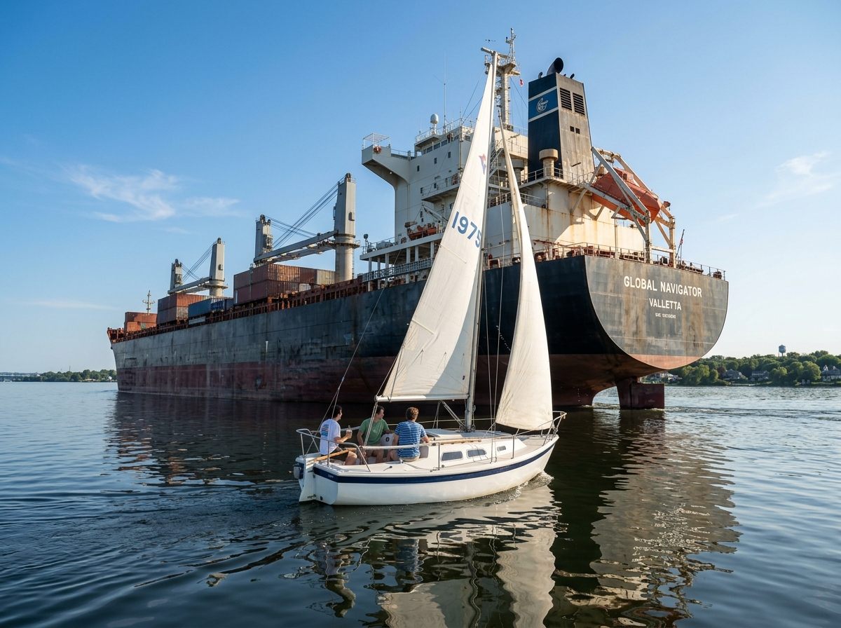 Iced Capp giving way to an ocean-going cargo ship in the Seaway