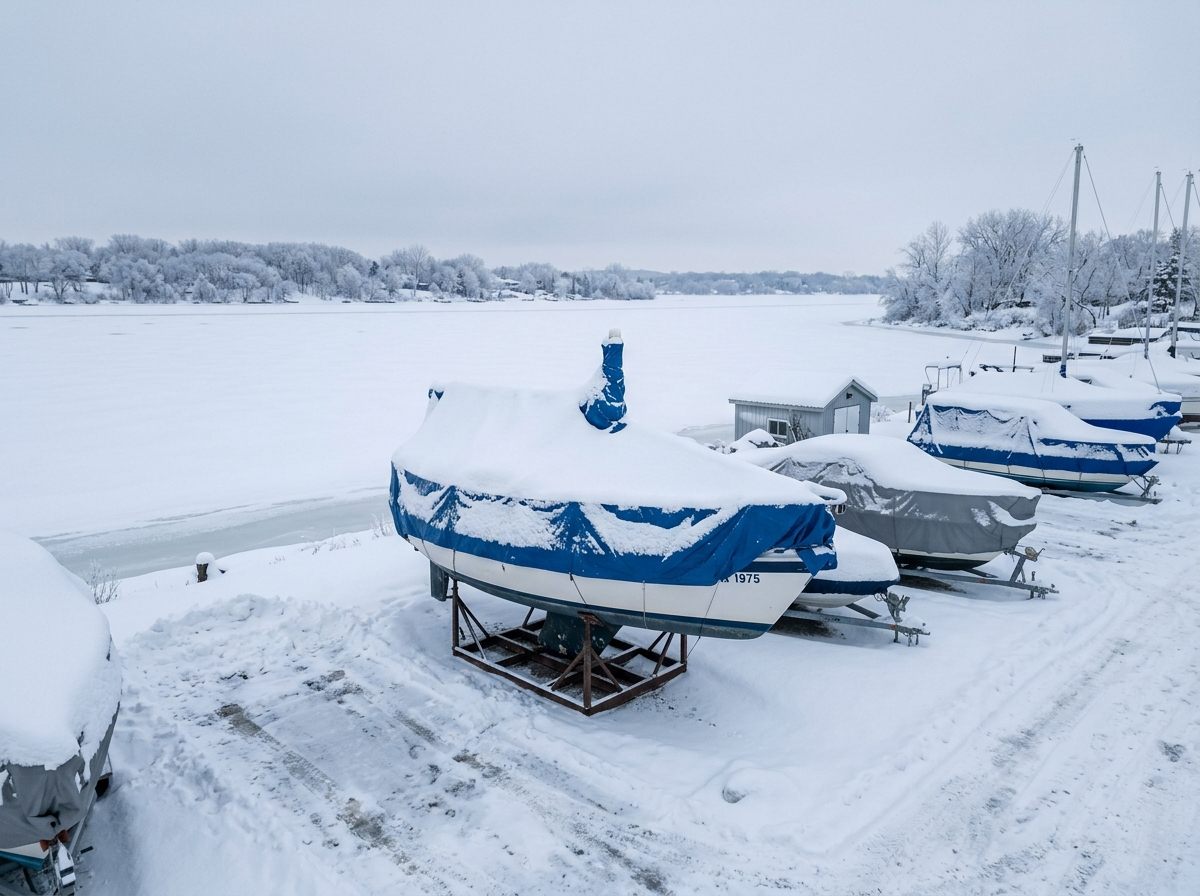 Iced Capp on her cradle for the winter, under a blue tarpaulin and deep snow beside the frozen lake