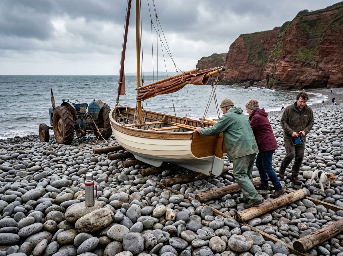 Otterly Optimistic being pushed down the pebble beach on wooden rollers, an old tractor behind and a flask of tea on a pebble