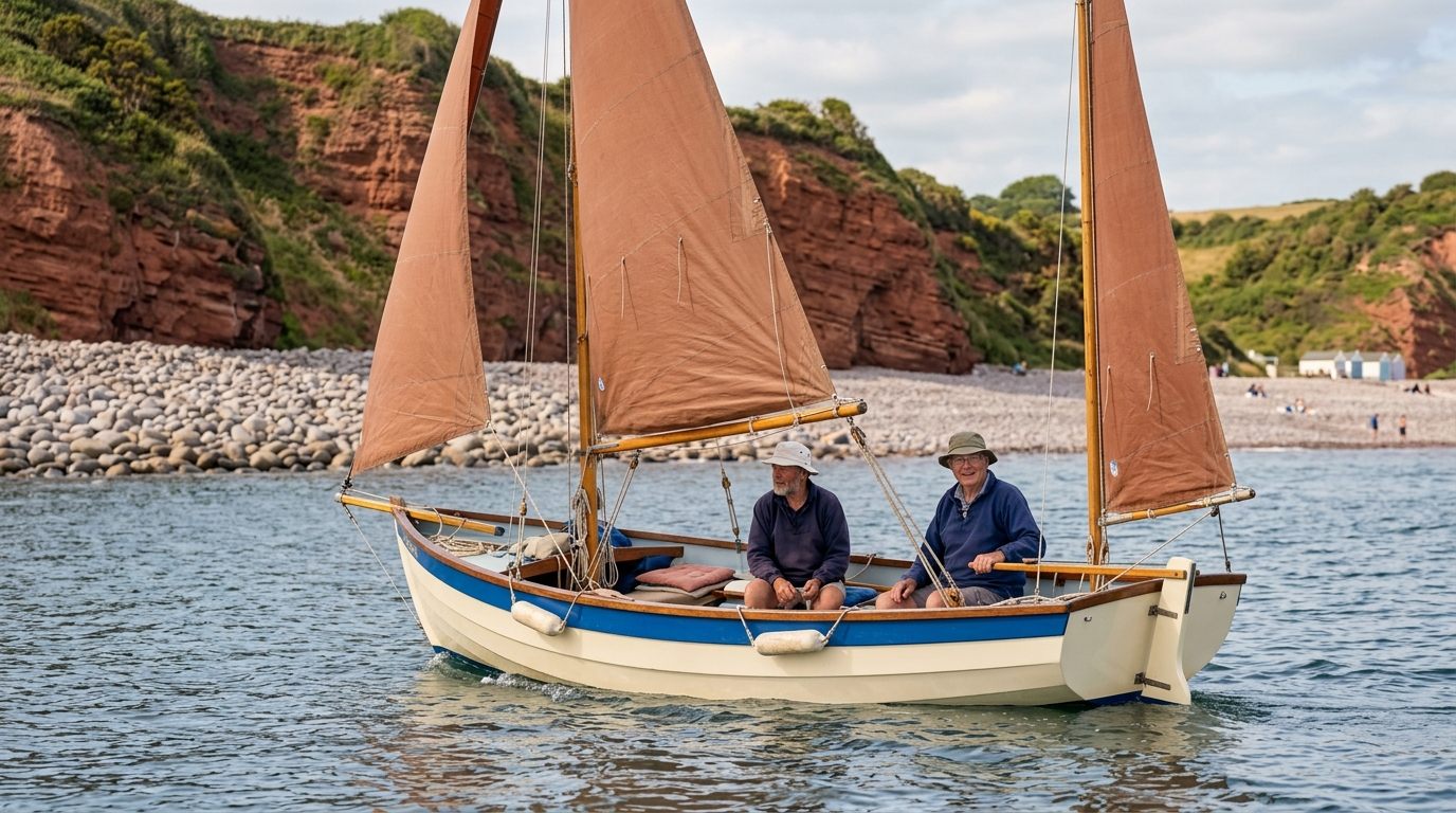 Otterly Optimistic under tan sails off the pebble beach at Budleigh Salterton, red cliffs behind