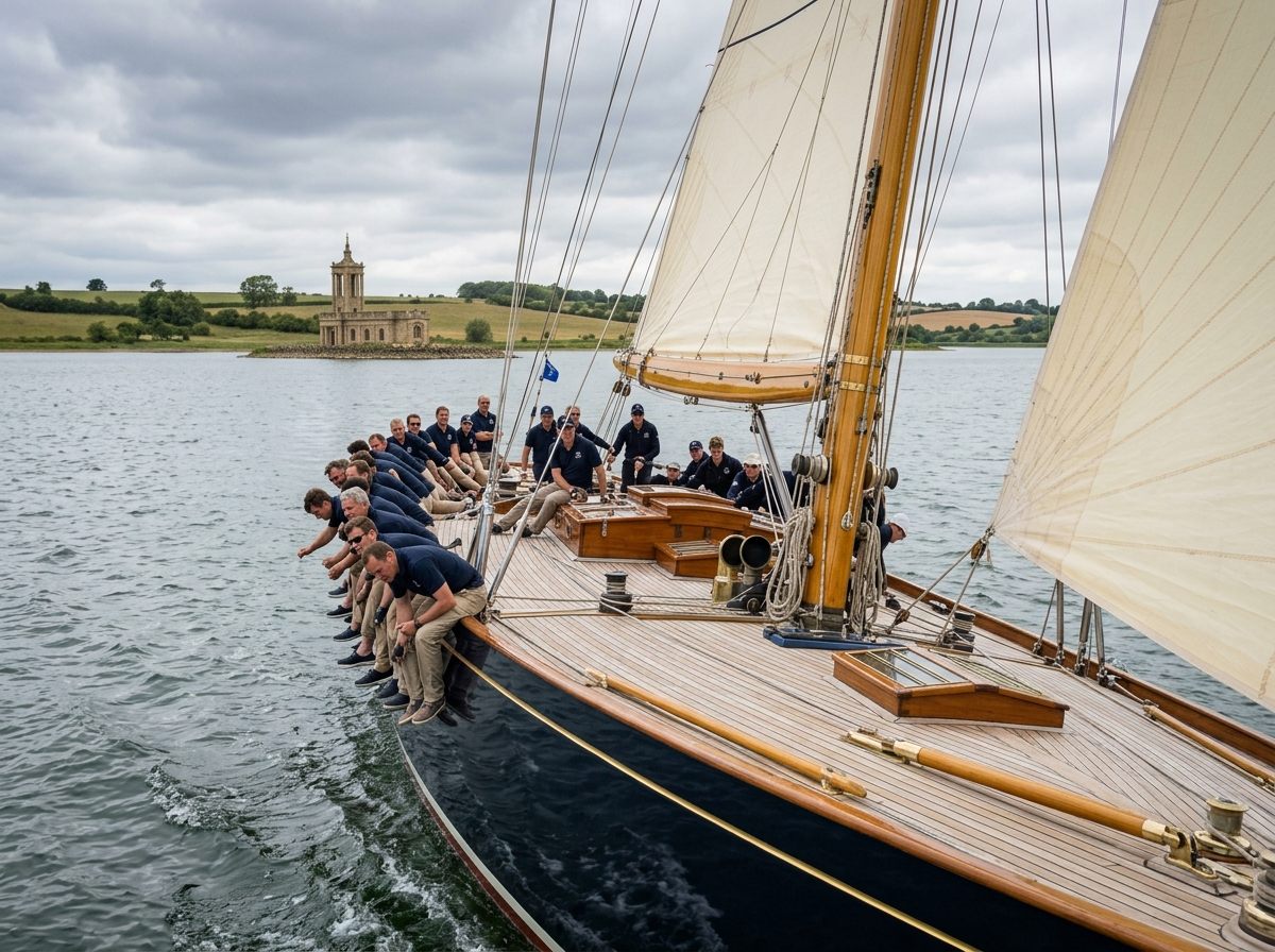 The crew of Persistence in matching navy shirts on the windward rail, Normanton Church across the water