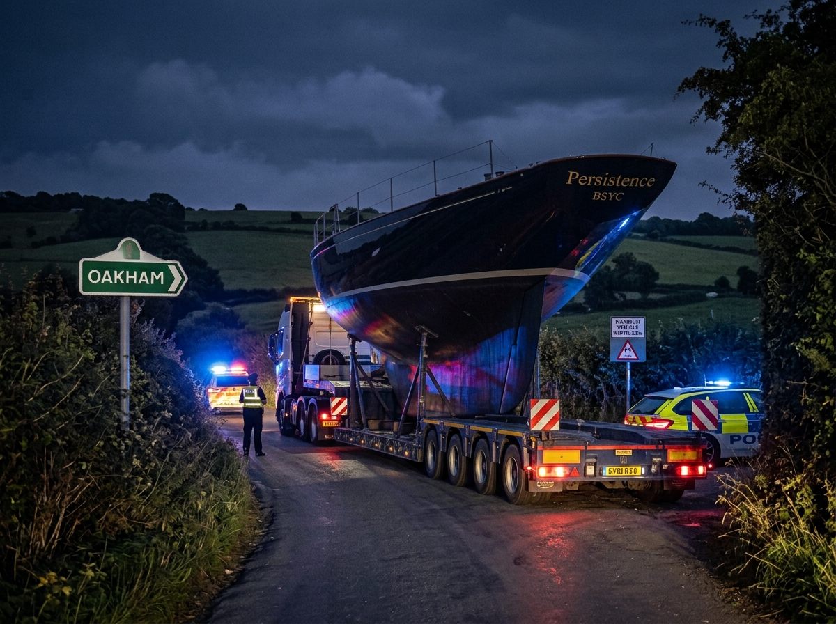 Persistence's hull on a low loader at night on a narrow lane signposted to Oakham, with a police escort